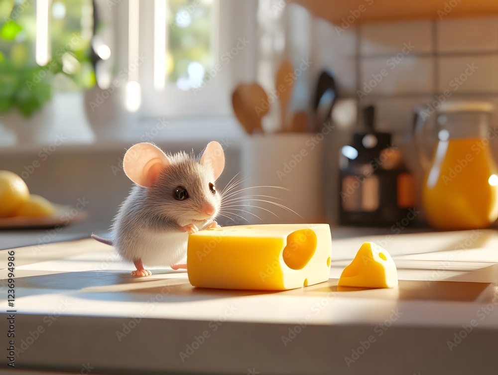 Fototapeta premium Curious Mouse Sniffs Cheese on Kitchen Counter in Whimsical Composition