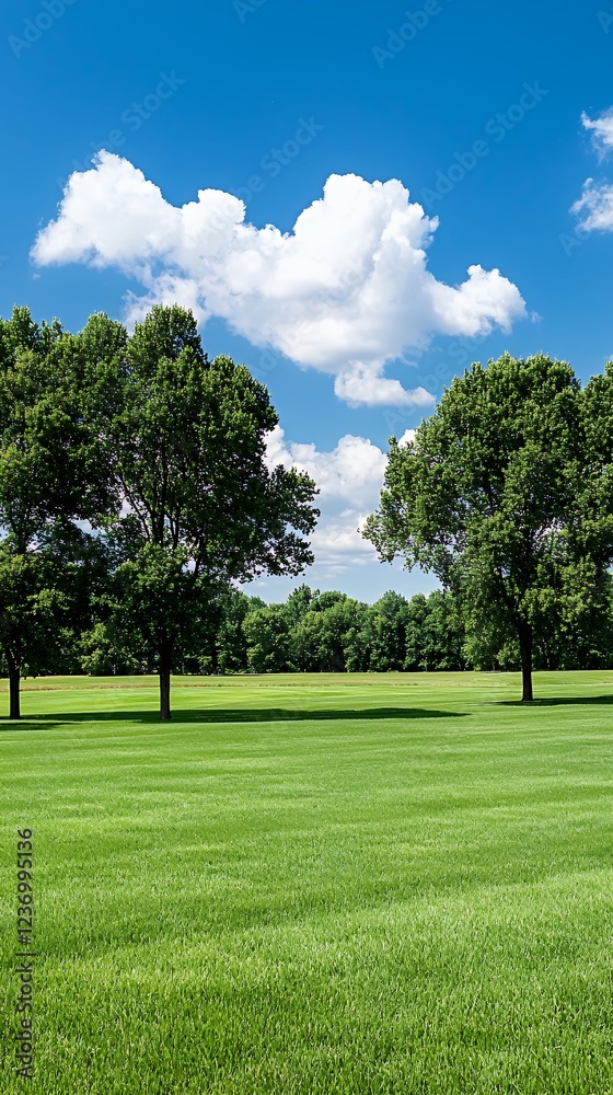 Serene Summer Meadow: Lush Green Grass, Majestic Trees, and a Brilliant Blue Sky Serene Summer Meadow: Lush Green Grass, Majestic Trees, and a Brilliant Blue Sky