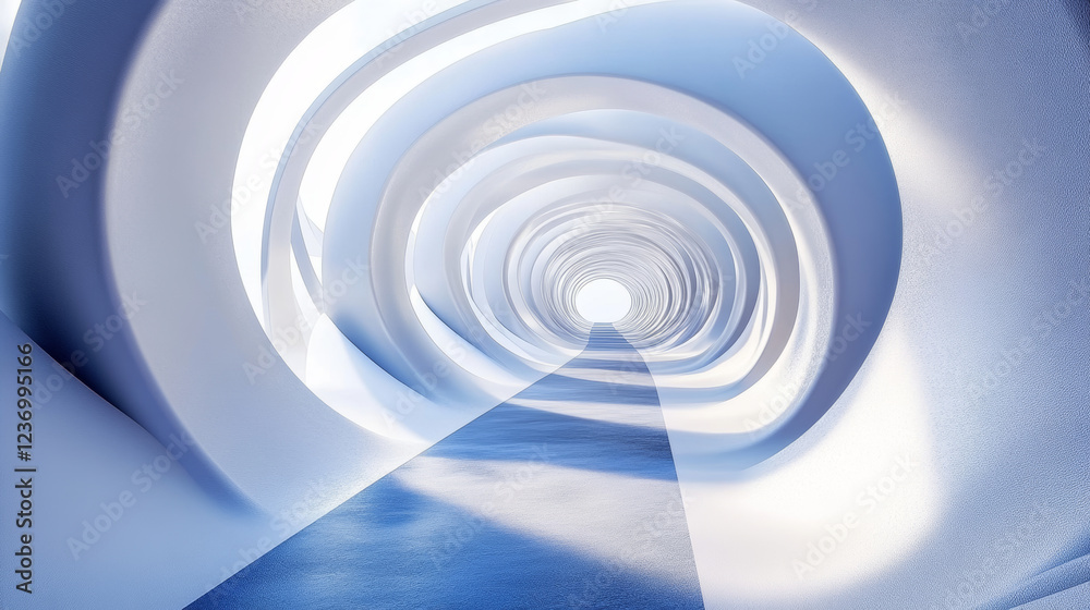 Fototapeta premium Abstract white and blue twisted corridor 3d render