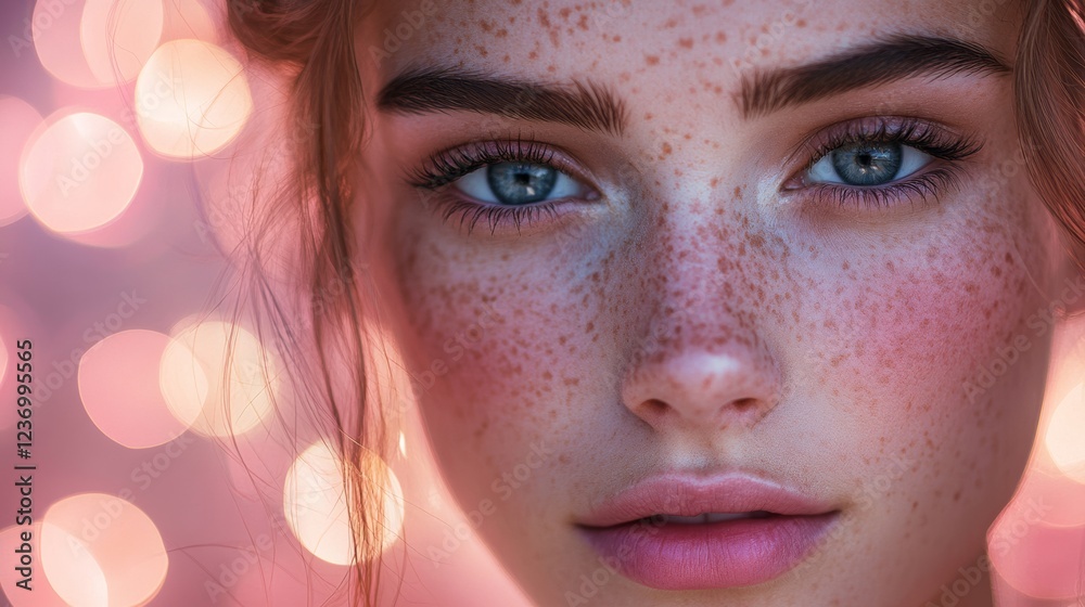 A close-up portrait of a young woman with striking blue eyes and freckles, enhanced by a gentle pink bokeh background, representing beauty, youth, and individuality. A close-up portrait of a young woman with striking blue eyes and freckles, enhanced by a gentle pink bokeh background, representing beauty, youth, and individuality.