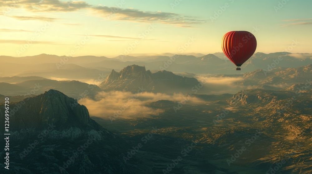 dream-like scene of a hot air balloon floating above dramatic peaks dream-like scene of a hot air balloon floating above dramatic peaks