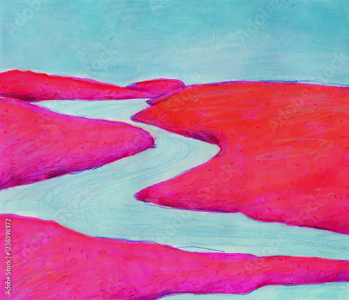 blue river flows between pink banks. Stylized landscape mixed media gouache handmade Illustration.