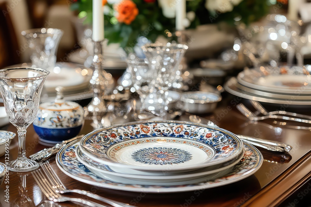 Eid holiday table set with intricate dishware and traditional Middle Eastern cuisine Eid holiday table set with intricate dishware and traditional Middle Eastern cuisine