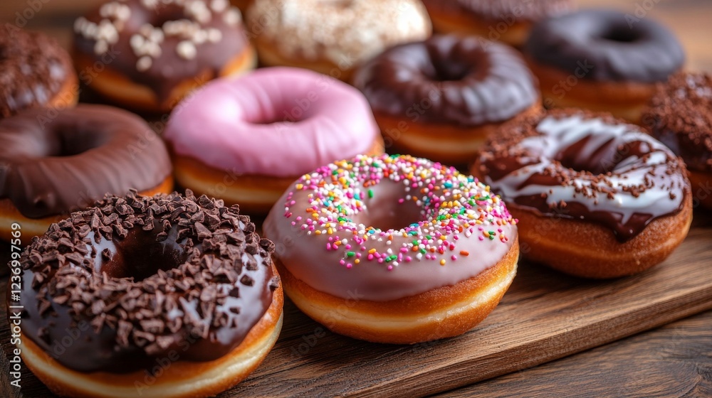 A tempting array of assorted donuts featuring a variety of toppings and frosting, creating a delightful treat for any sweet tooth and brightening the day. A tempting array of assorted donuts featuring a variety of toppings and frosting, creating a delightful treat for any sweet tooth and brightening the day.