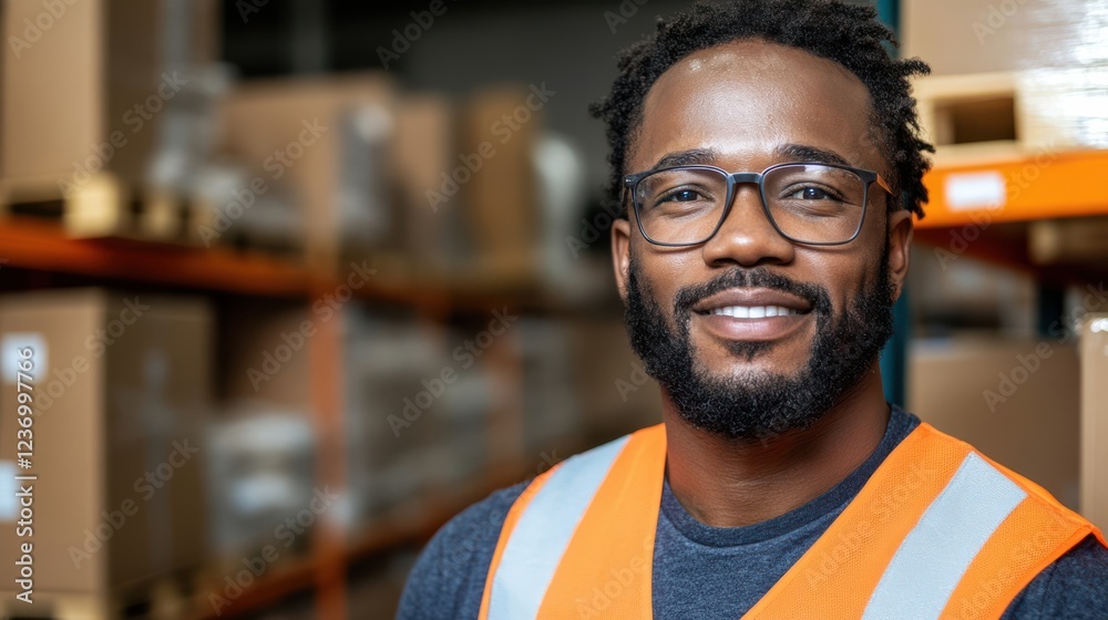 A warehouse worker wears a safety vest while smiling, surrounded by shelves of boxes, representing resilience and a positive work environment. A warehouse worker wears a safety vest while smiling, surrounded by shelves of boxes, representing resilience and a positive work environment.