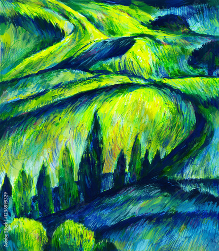 a green bright field with slopes and forest in the form of trees. impressionist painting. Stylized landscape mixed media gouache handmade Illustration.