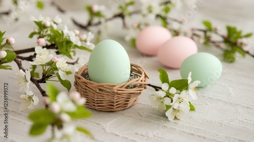 Happy Easter day, colored Easter eggs in a nest, Easter eggs and flowers background with copy space. Easter Celebration. 