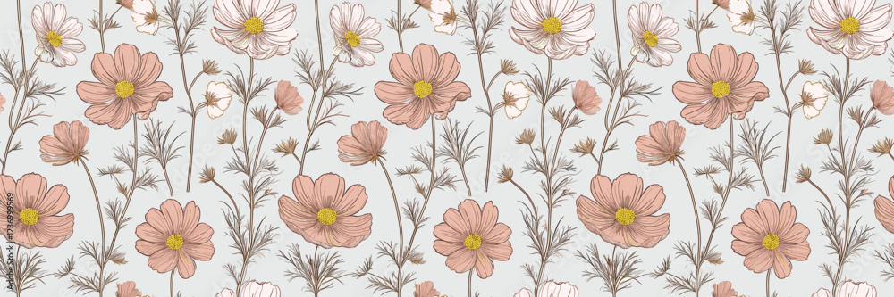 Obraz premium Repeating pattern of soft peach-colored flowers with delicate stems and leaves against a white background.