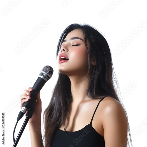 PNG Girl Singing with Microphone Against Transparent Background for Music, Performance, or Event Design Projects photo