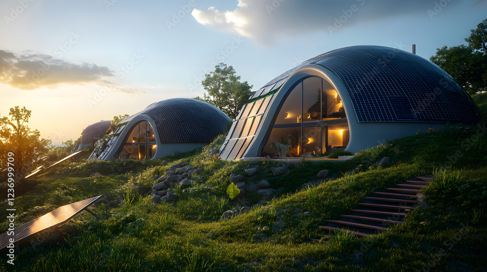 Obraz premium Eco-friendly smart home featuring solar energy systems and storage solutions for a sustainable future with reduced carbon footprint.