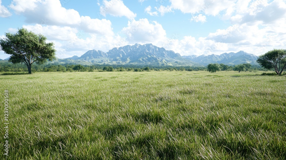 Fototapeta premium Sunny meadow, mountain backdrop, idyllic landscape, nature scene, travel poster