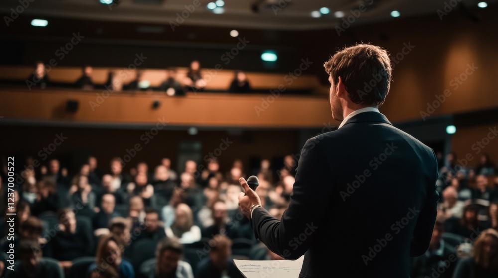 Corporate training session with data visualizations. The lecturer finishes the speech, and the audience is applauding and raising their hands. Corporate training session with data visualizations. The lecturer finishes the speech, and the audience is applauding and raising their hands.