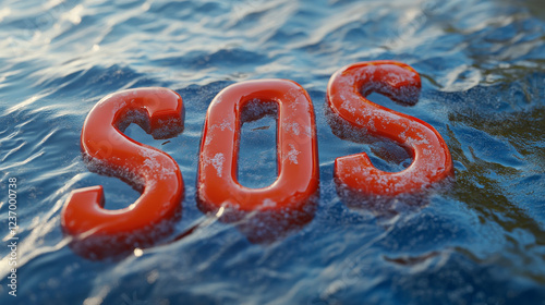 SOS letters mayday are lying in water red characters halp sea rescue concept 3d illustration render photo