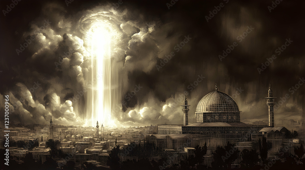 Fototapeta premium Divine light descends on ancient city, apocalyptic clouds