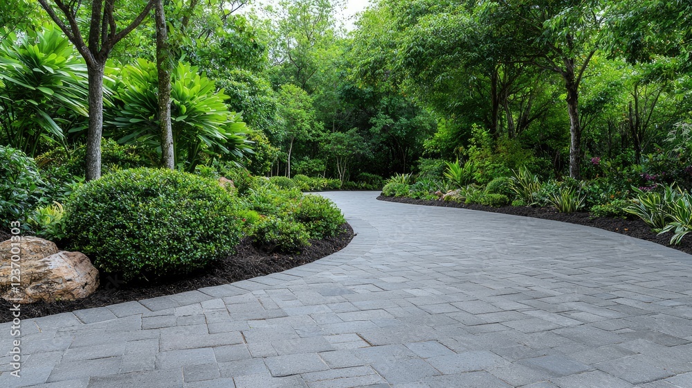 Winding garden path, lush greenery, tranquil setting, landscaping design Winding garden path, lush greenery, tranquil setting, landscaping design
