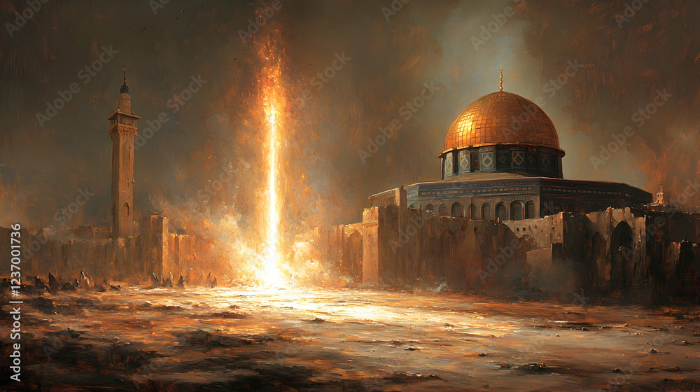 Obraz premium Dome of the Rock fiery destruction apocalyptic scene, Jerusalem