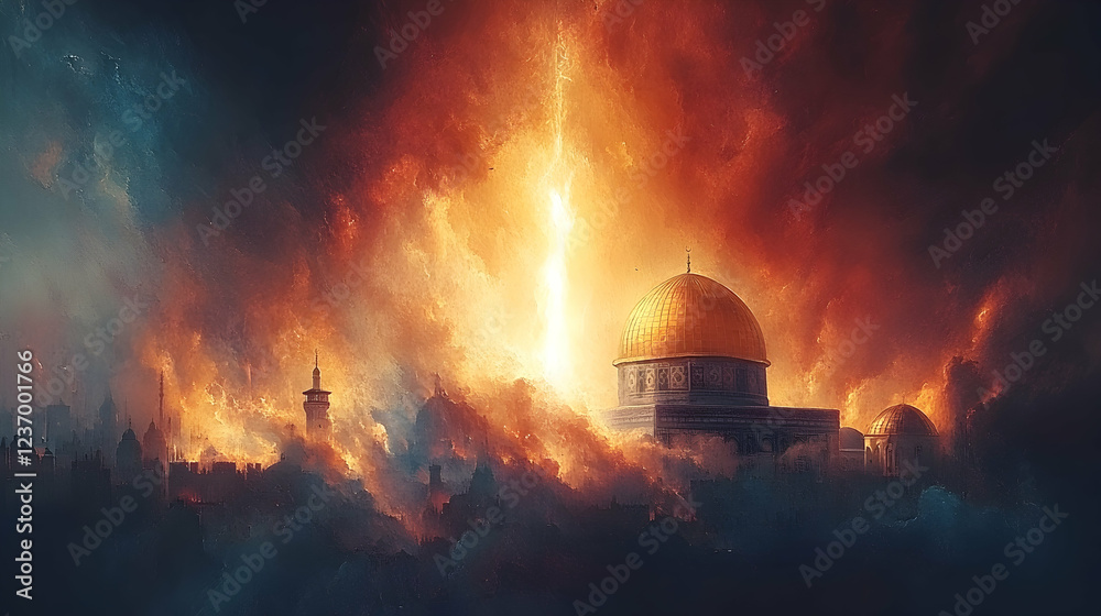 Fototapeta premium Dome of the Rock, fiery sky, apocalyptic scene, religious artwork, conceptual