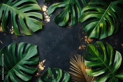 Tropical composition with vibrant green monstera leaves and golden accents on dark background with copy space. For premium design projects, event invitations, or luxurious promotional materials
