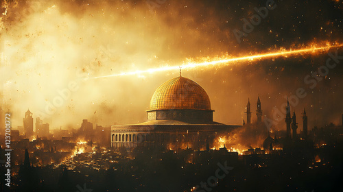 Dome of the Rock, fiery meteor, Jerusalem, apocalyptic city destruction; for religious, fantasy art