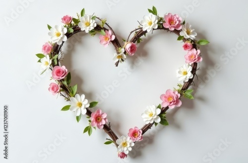 Heart made of thin twigs and delicate flowers on a white background