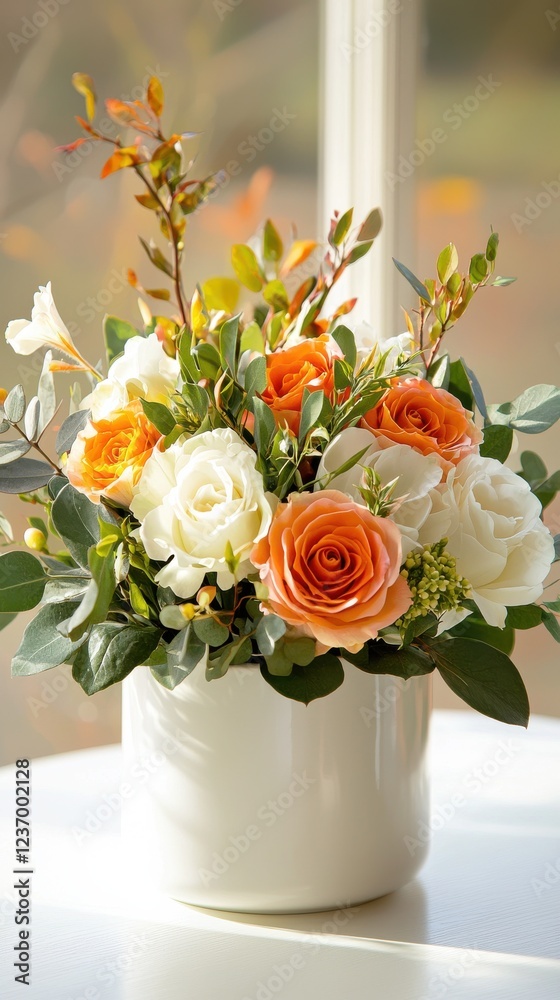 Fototapeta premium Elegant floral arrangement in a vase on bright table natural light eye level capture