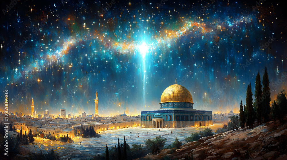 Obraz premium Dome of the Rock, Jerusalem, night, celestial, spiritual, artwork, faith, hope, peace