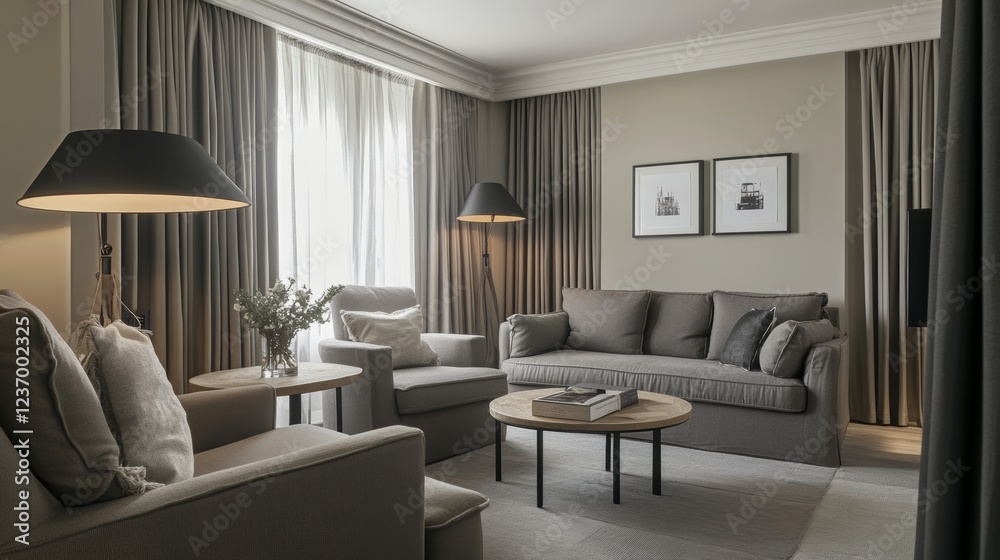 Cozy living room with gray furnishings, including a sofa, chairs, and a floor lamp. Small wooden table and decorative items in black and white add a touch of style. Cozy living room with gray furnishings, including a sofa, chairs, and a floor lamp. Small wooden table and decorative items in black and white add a touch of style.