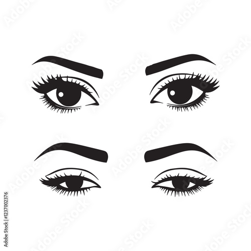 black and white illustration, eyebrows and eyes, eyelashes 