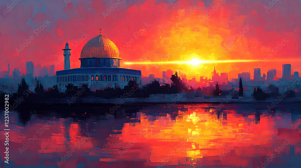 Obraz premium Dome sunset, city skyline, reflection, fiery sky, travel