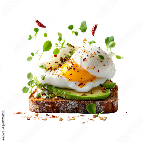 Flying Avocado Toast with Poached Eggs and Chili Isolated on Transparent Background photo