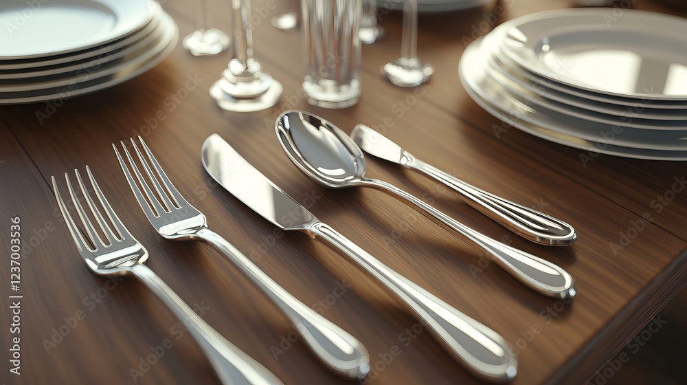 Fork, spoon, knife and plate isolated on wooden table 3d render illustration Fork, spoon, knife and plate isolated on wooden table 3d render illustration