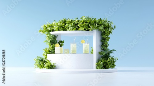 Summer lemonade stand, green plants, blue background, refreshing drinks photo