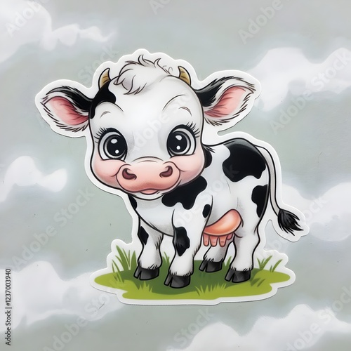 Adorable Cartoon Calf Sticker Farm Animal, Dairy Cow, Cute. Generative AI