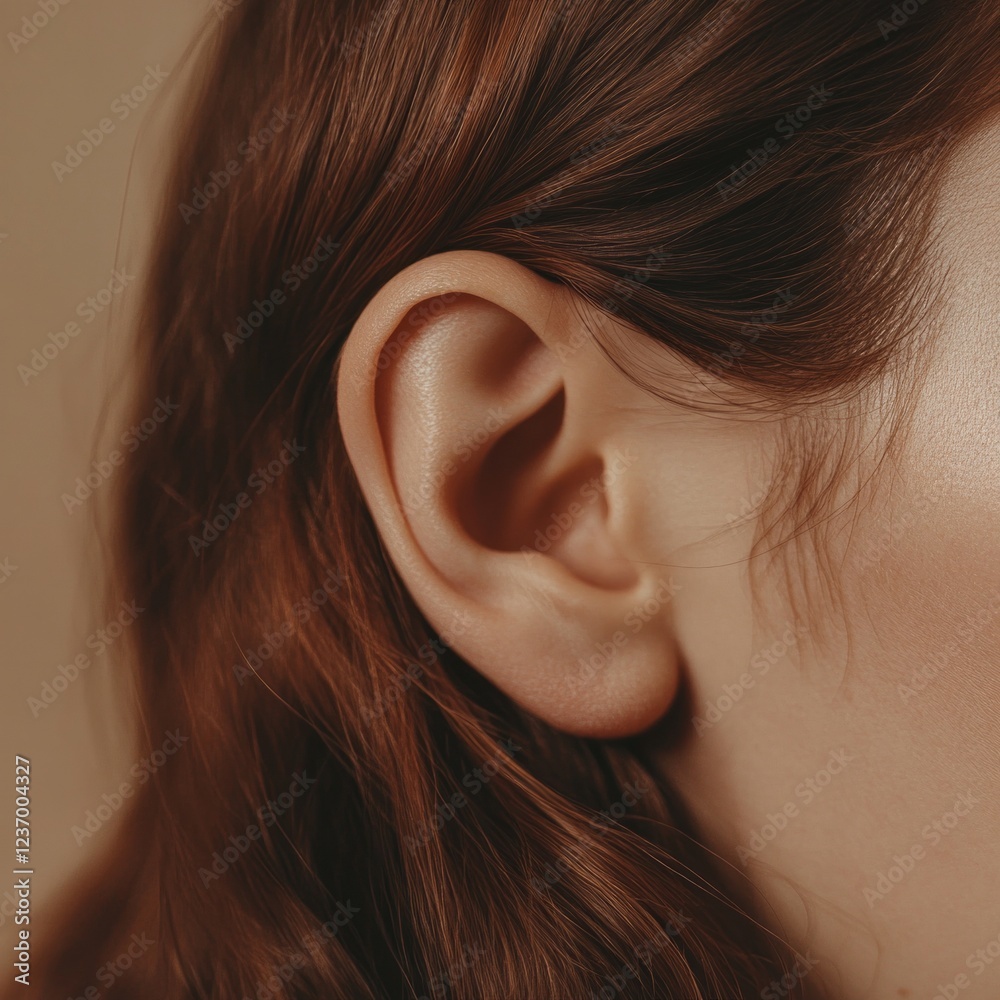Close-up of a human ear with brown hair highlighting ear anatomy and natural skin texture Close-up of a human ear with brown hair highlighting ear anatomy and natural skin texture