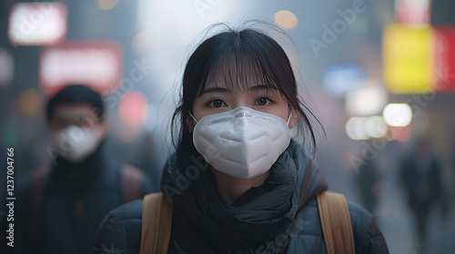 contamination concept. Urban air pollution with masked individuals