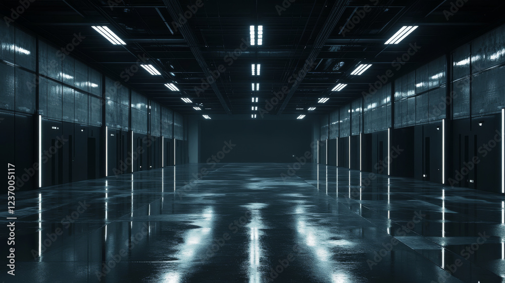 futuristic warehouse room dark mirror glossy 3d rendering illustration with concrete grunge floor dark abstract interior with lights shining downwards futuristic warehouse room dark mirror glossy 3d rendering illustration with concrete grunge floor dark abstract interior with lights shining downwards