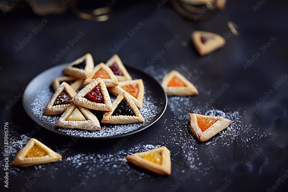 Fototapeta premium Delicious hamentashen with various fillings on an elegant black background. Holiday cookies for the Jewish holiday of Purim