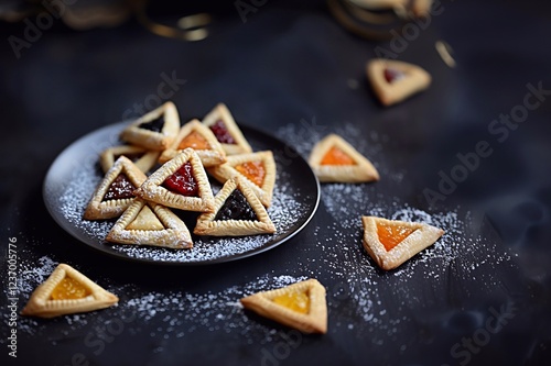 Delicious hamentashen with various fillings on an elegant black background. Holiday cookies for the Jewish holiday of Purim photo