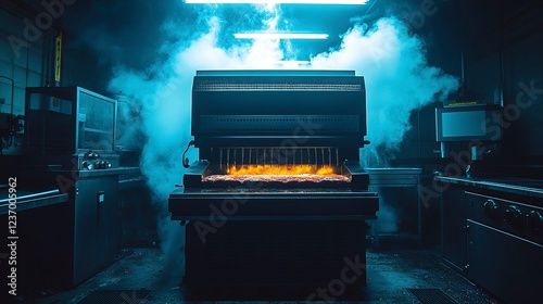Industrial kitchen broiler cooking meat steaming