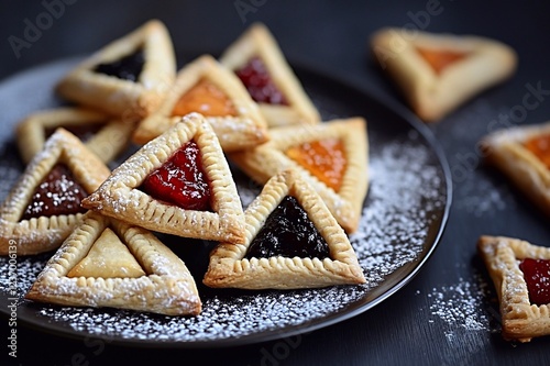 Delicious hamentashen with various fillings on an elegant black background. Holiday cookies for the Jewish holiday of Purim photo