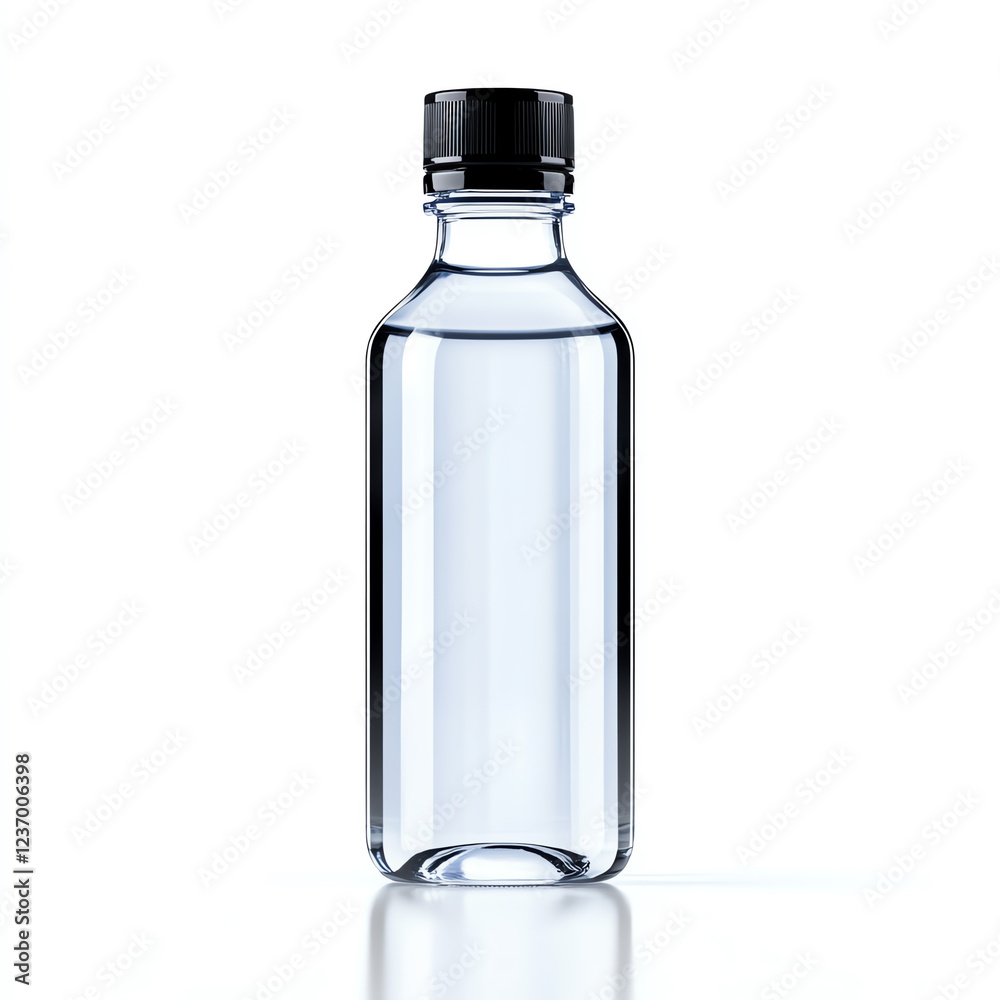 A clear, empty water bottle with a black lid, ideal for showcasing hydration and healthy lifestyle choices. Perfect for beverage-related marketing and environmental themes. A clear, empty water bottle with a black lid, ideal for showcasing hydration and healthy lifestyle choices. Perfect for beverage-related marketing and environmental themes.