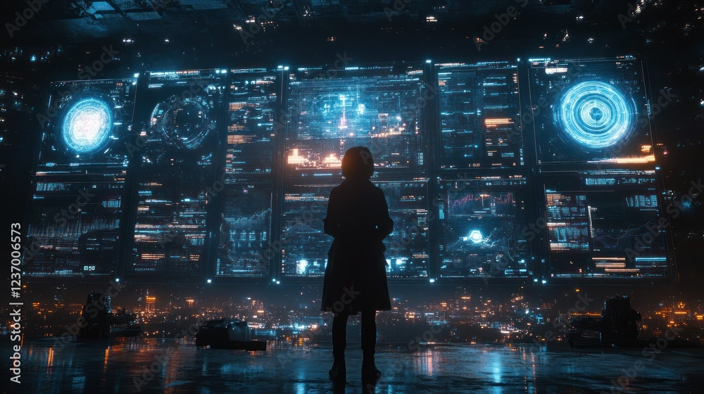 Cyberpunk Cityscape: A lone figure observes a futuristic data wall displaying complex information, set against a backdrop of a vibrant city at night. Cyberpunk Cityscape: A lone figure observes a futuristic data wall displaying complex information, set against a backdrop of a vibrant city at night.