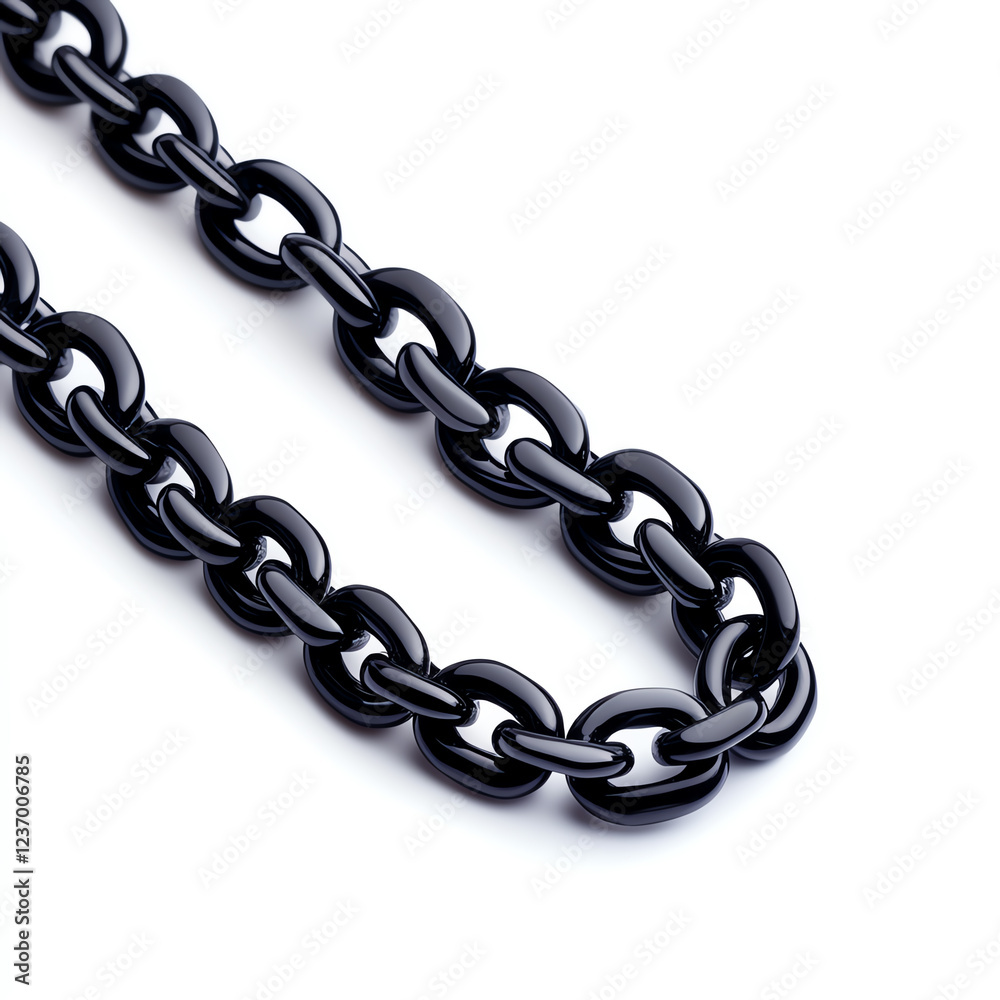 Fototapeta premium A close-up view of a sleek black chain, showcasing its smooth, shiny links against a clean, white background