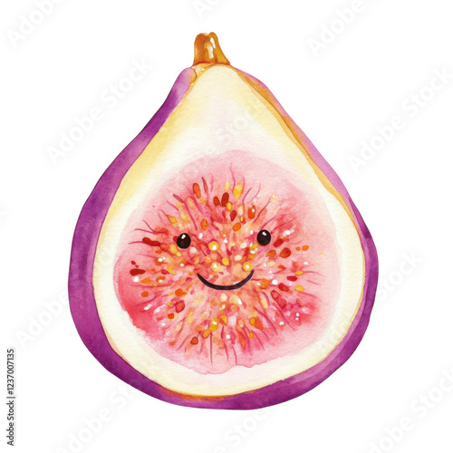 Smiling cartoon fig slice with cheerful face and vibrant colors png isolated
