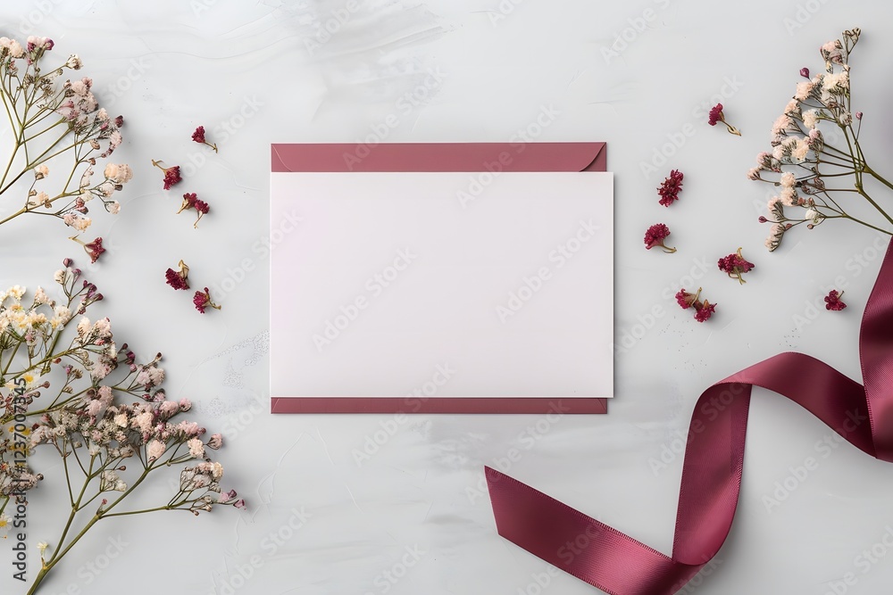 Blank greeting card with red ribbon and dried flowers on light background Flat lay composition Wedding and romantic concept Blank greeting card with red ribbon and dried flowers on light background Flat lay composition Wedding and romantic concept