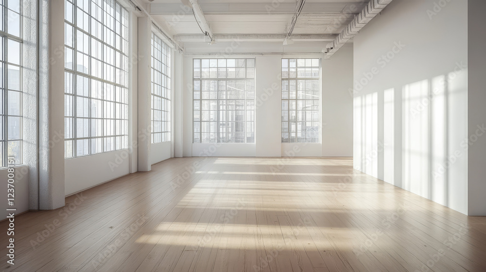 Fototapeta premium Big white bright loft room architecture render 3d illustration with shiny wooden floor and white textured walls day light high key lighting