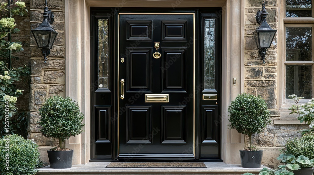 Elegant Black Front Door with Gold Accents and Greenery Elegant Black Front Door with Gold Accents and Greenery