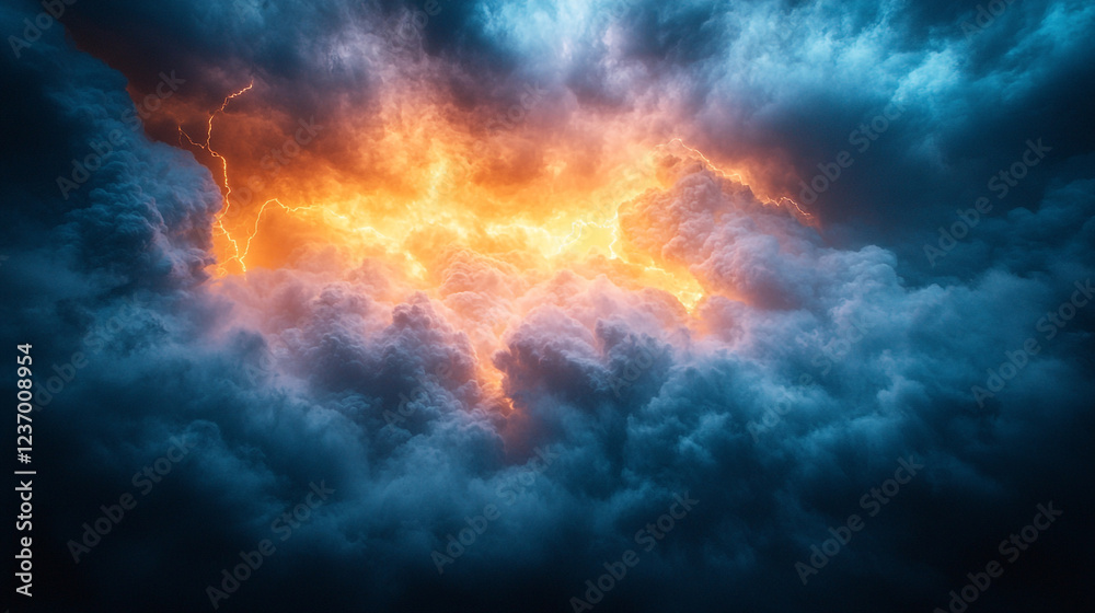 Dramatic lightning storm illuminates dark clouds at night with vivid orange glow Dramatic lightning storm illuminates dark clouds at night with vivid orange glow