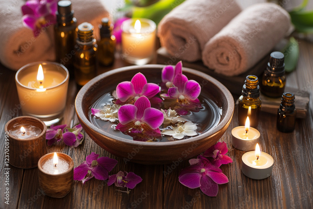Relaxing spa setting with candles, essential oils, and flower petals enhancing tranquility Relaxing spa setting with candles, essential oils, and flower petals enhancing tranquility