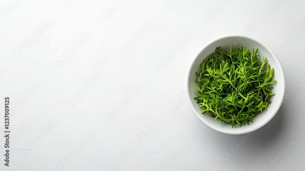A minimalistic image of a white bowl filled with fresh green herbs on a light textured background A minimalistic image of a white bowl filled with fresh green herbs on a light textured background